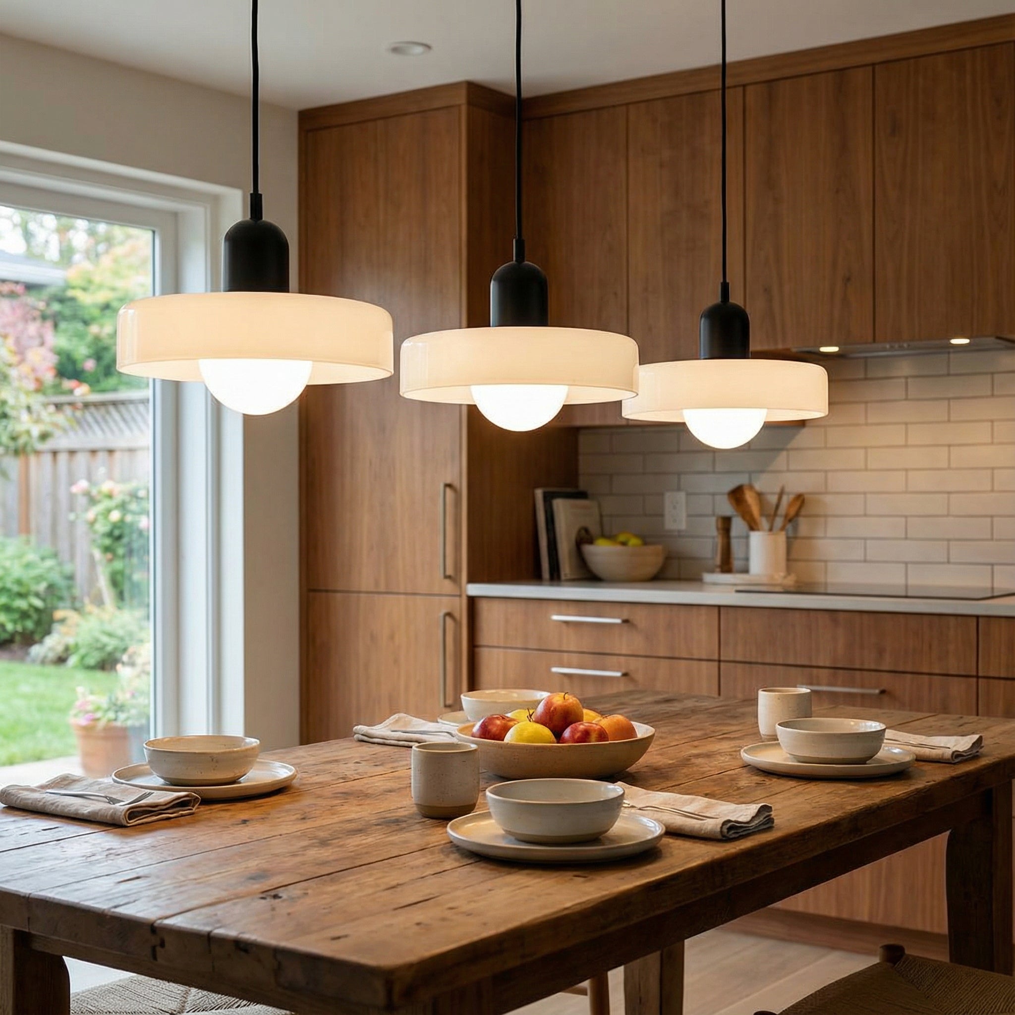 3-köpfige Bauhaus-Pendelleuchte aus farbigem Glas