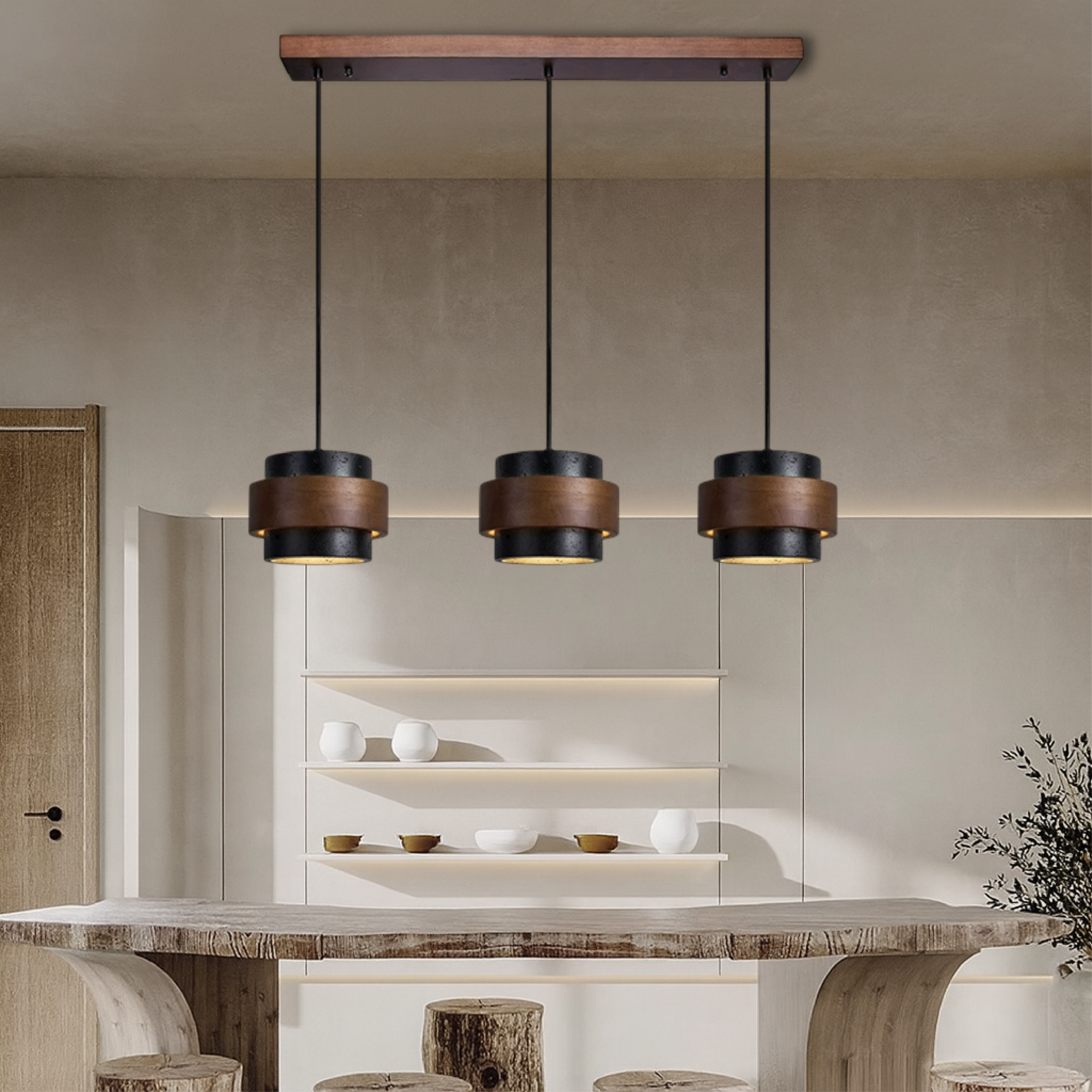 3-köpfige Pendelleuchte aus schwarzem Travertin