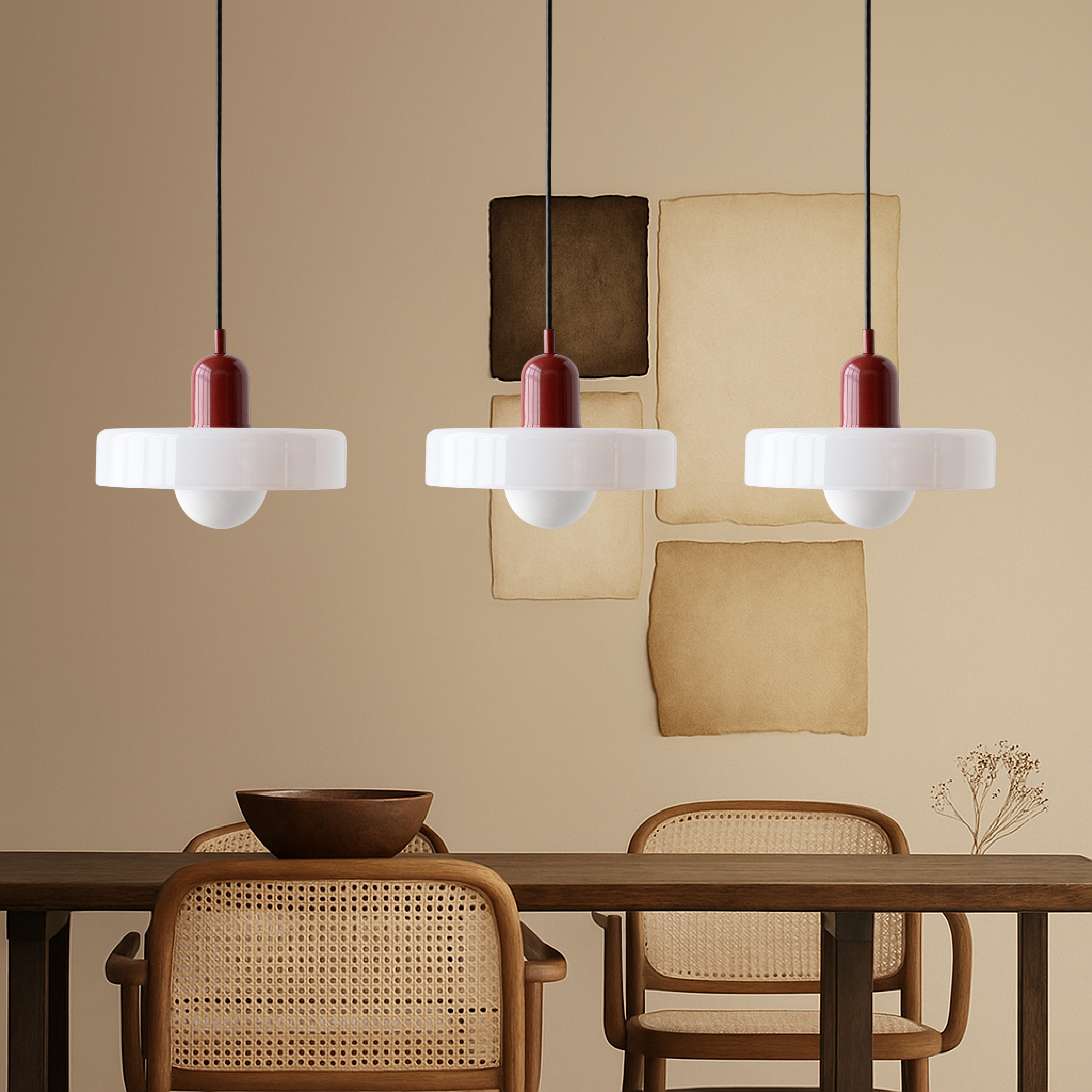 3-köpfige Bauhaus-Pendelleuchte aus farbigem Glas